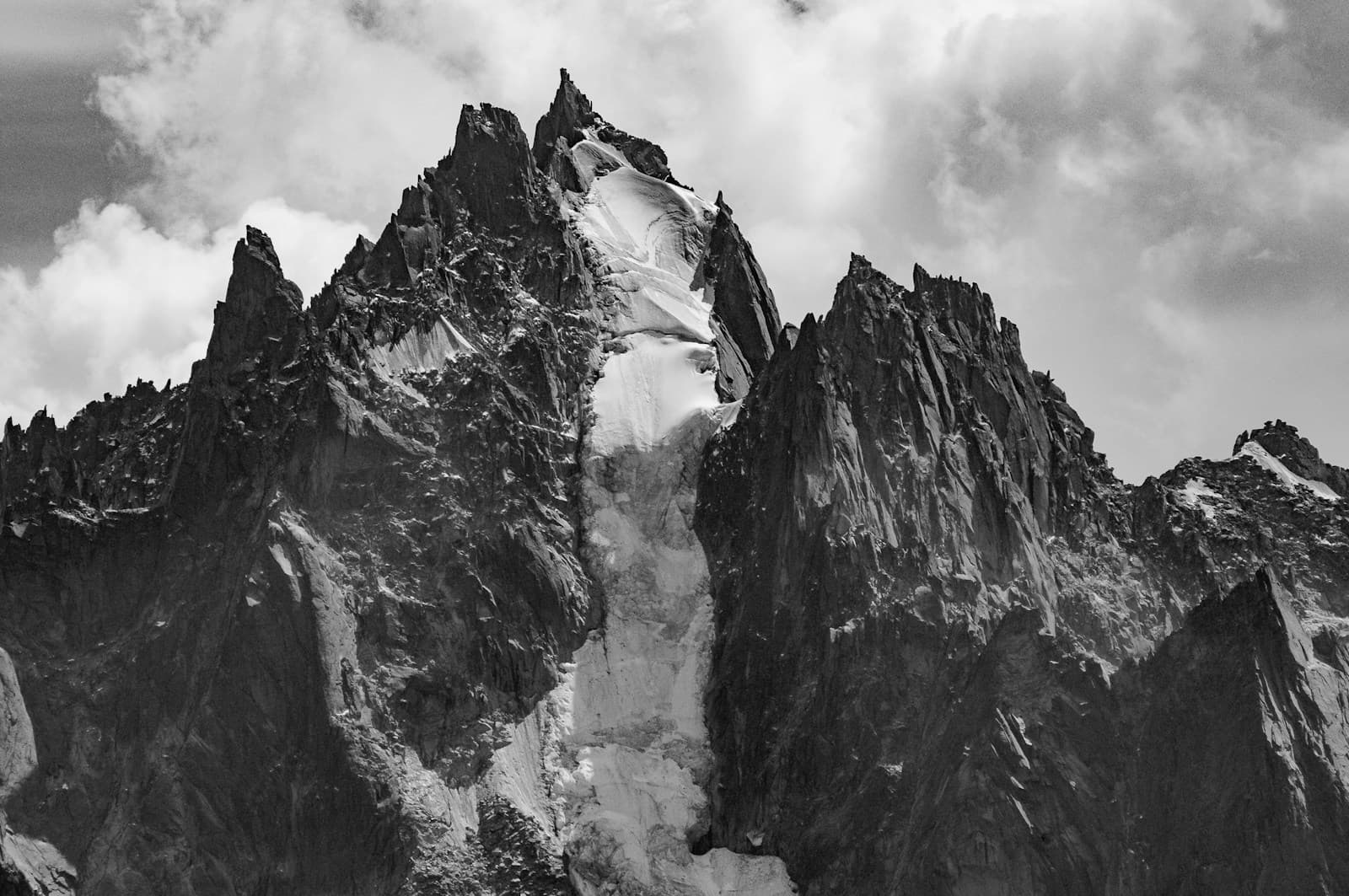 A ridge of jagged snow-capped peaks